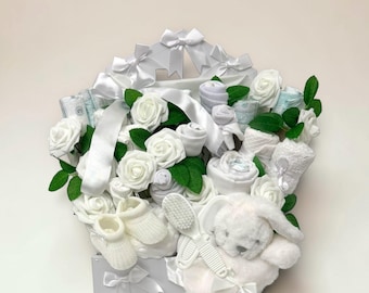 Baby clothes gift hamper bouquet, includes nappies, socks, comforter etc