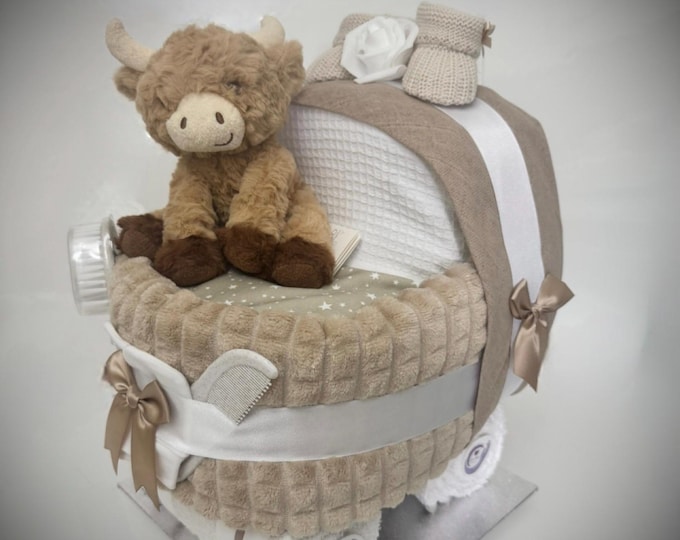 Beige Highland Cow Nappy Cake Pram: Unisex Baby Shower Gift hamper