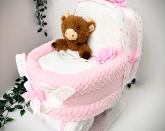 Pink Highland Cow Nappy Cake Pram: Baby Shower Gift Hamper