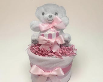 Small Nappy Cake: 1 Tier With Teddy Bear, Baby Shower Gift Hamper, pink