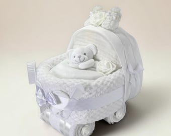 Nappy Cake Pram: Baby Shower Newborn Hamper Gift, White