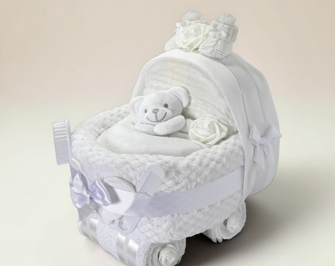 Nappy Cake Pram: Baby Shower Newborn Hamper Gift, White