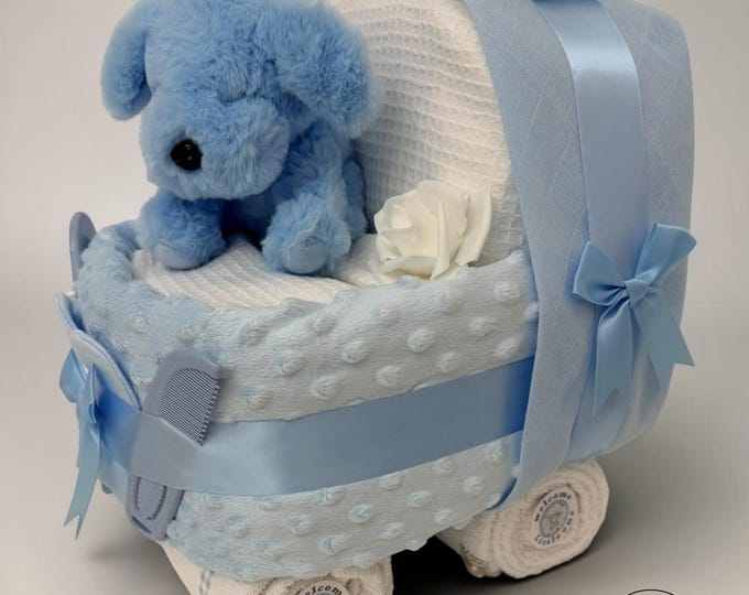 Blue Nappy Cake Pram: Baby Shower Gift Hamper with puppy