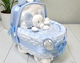 Blue Nappy Cake Pram: Baby Shower Gift Hamper with choice of soft toy