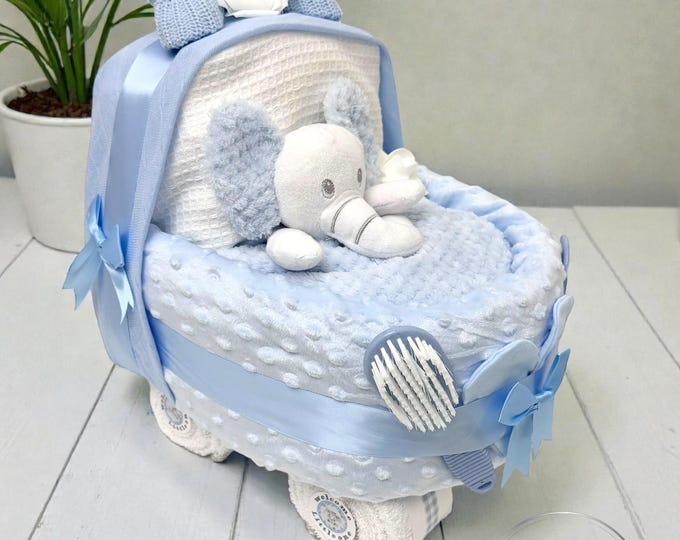 Blue Nappy Cake Pram: Baby Shower Gift Hamper with choice of soft toy
