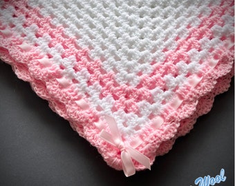 Crochet Multi Use Baby Blanket, Large Size 28x28 Inch White and Baby Pink