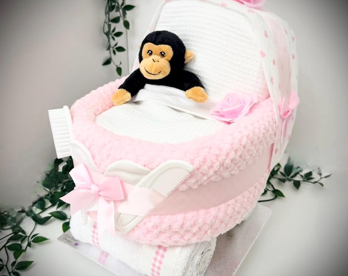 Nappy Cake Pram: Baby Shower Gift Hamper Little Monkey toy