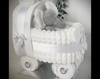 NAPPY CAKE Pram, Gorgeous Baby white with plush teddy