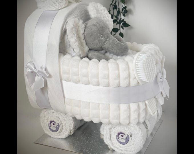 NAPPY CAKE Pram, Gorgeous Baby white with plush teddy