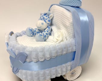 Luxury Handmade Blue Nappy Cake Pram: Personalised Baby Shower Gift Hamper