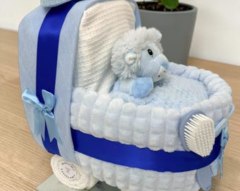 Blue Nappy Cake Pram: Royal blue Baby Boy Shower Gift Hamper