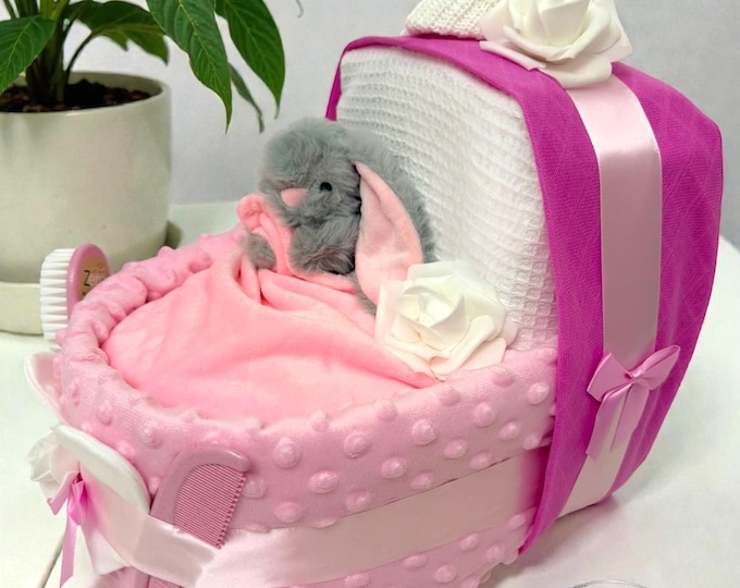 Pink Nappy Cake Crib: Baby Girl Shower Gift Hamper maternity leave, newborn baby
