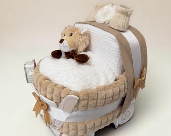 Beige Nappy Cake Pram: Unisex Baby Shower Gift Hamper with Plush Lion
