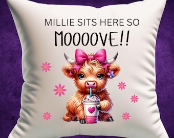 Personalised cushion featuring a pretty highland cow. other designs available