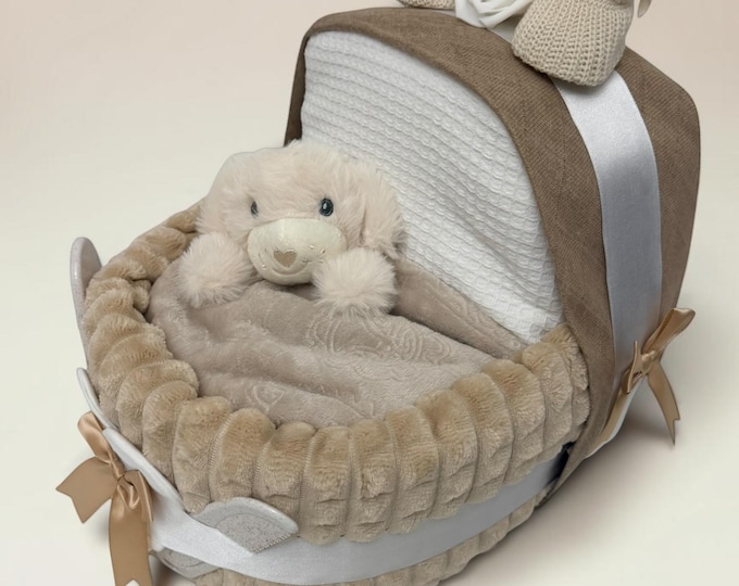 Beige Nappy Cake Crib: Baby Shower Gift Hamper with puppy