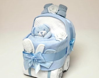 Blue Nappy Cake Pram: Baby Shower, Maternity Leave, Gift Hamper