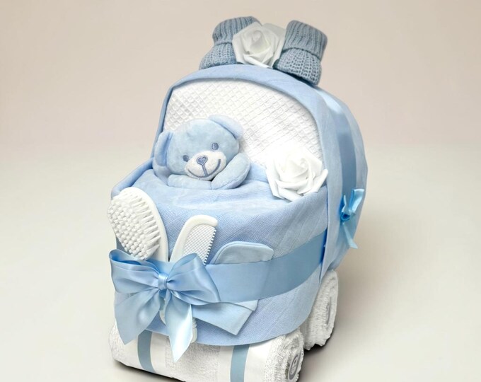 Blue Nappy Cake Pram: Baby Shower, Maternity Leave, Gift Hamper
