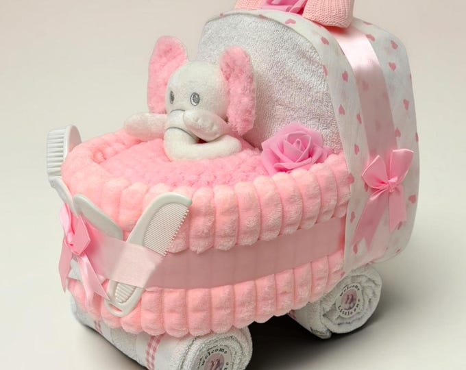 Nappy Cake Pram: Baby Shower, Newborn or Maternity Gift Hamper, Baby Girl