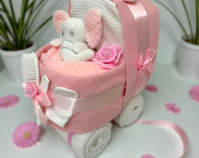 Nappy Cake Pram: Baby Shower Gift Hamper, Baby Girl, Rose Pink Colour