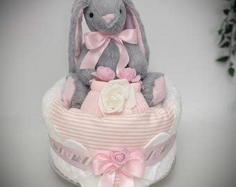 NAPPY CAKE with plush bunny for baby shower, maternity gift, baby, grandchild , Pink grey white
