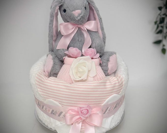 NAPPY CAKE with plush bunny for baby shower, maternity gift, baby, grandchild , Pink grey white