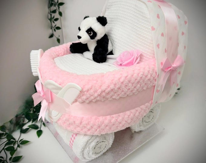 Pink Nappy Cake Pram: Baby Shower Gift Hamper, Baby Girl, panda