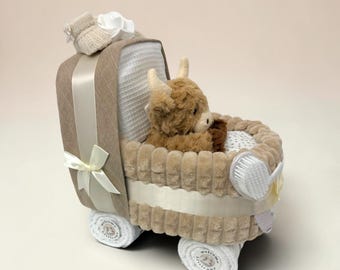 Luxury Beige Nappy Cake Pram: Personalised New Baby Shower or Maternity Leave Gift Hamper with Highland Cow