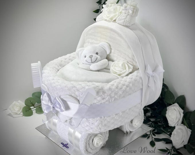 Nappy Cake Pram, white unisex, baby shower, maternity leave, newborn baby hamper, new grandchild gift, personalised gift tag available.