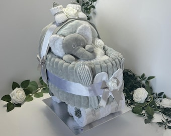 Nappy Cake Pram, grey unisex, baby shower, maternity leave, newborn baby hamper, new grandchild gift, personalised gift tag available.