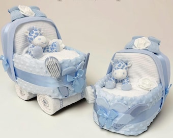 Blue Giraffe Nappy Cake Pram: Baby Boy Shower Gift Hamper, maternity leave present