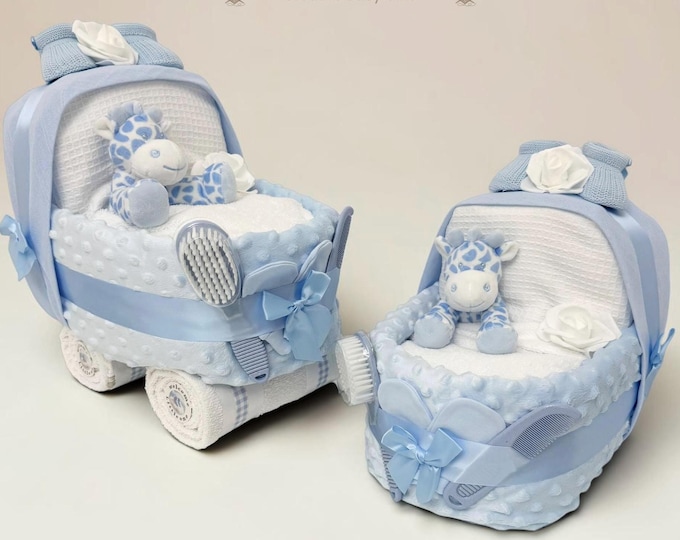 Blue Giraffe Nappy Cake Pram: Baby Boy Shower Gift Hamper, maternity leave present