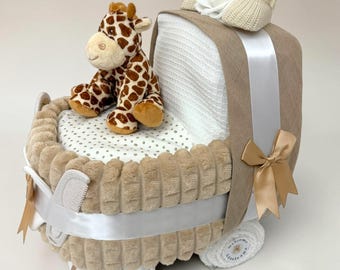 Beige Luxury Handmade Nappy Cake Pram – Personalised Baby Shower Gift Hamper with Giraffe Toy
