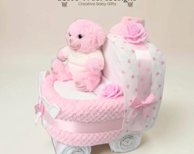 Pink Nappy Cake Pram: Baby Shower Gift Hamper, Baby Girl