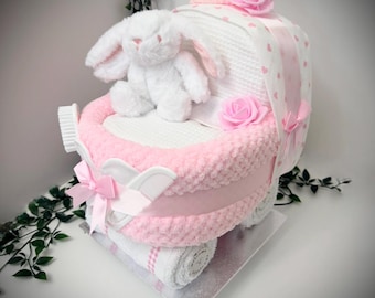 Nappy Cake Pram: Baby Shower Gift Hamper Pink or Blue