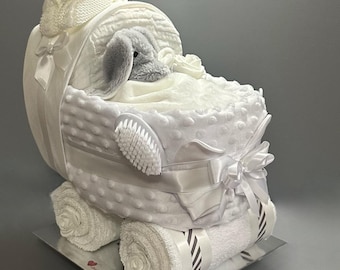 Nappy Cake Pram, in white,personalised gift tag available.