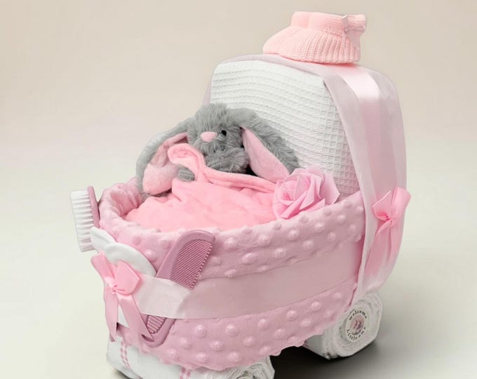 Baby Girl Pink Nappy Cake Pram with Soft Blanket and Comforter: Baby Shower or Maternity Leave Gift
