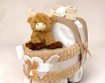 Beige Highland Cow Nappy Cake Pram: Unisex Baby Shower Gift hamper