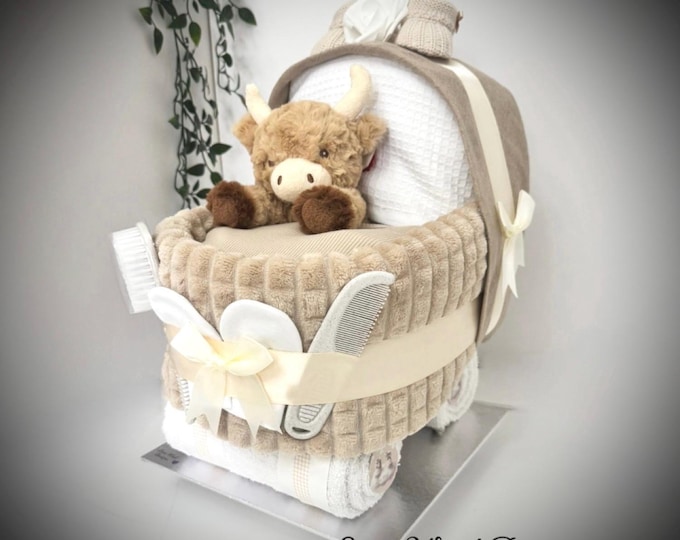 Baby Nappy Cake Pram: Beige Baby Shower Gift Hamper with soft Highland cow