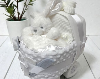 Nappy Cake Pram Crib: Baby Shower Newborn Hamper Gift, White