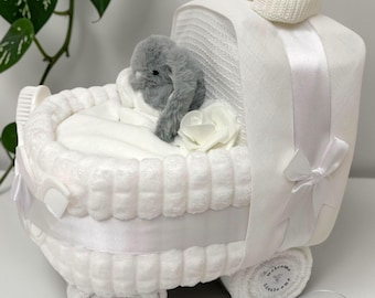 Nappy Cake Pram or Crib: Baby Shower Newborn Gift Hamper, White