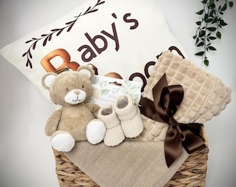 Lovely New Baby Gift Hamper Basket, With personalised pillow