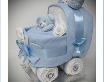 Blue Nappy Cake Pram: Baby Shower Newborn Hamper, Cotton Muslins