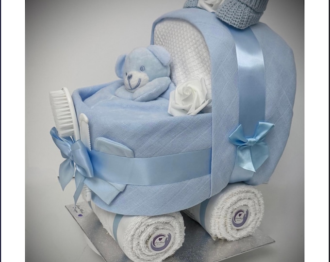 Blue Nappy Cake Pram: Baby Shower Newborn Hamper, Cotton Muslins