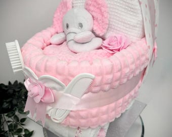 Baby Pink Nappy Cake Pram: Baby shower gift, newborn hamper