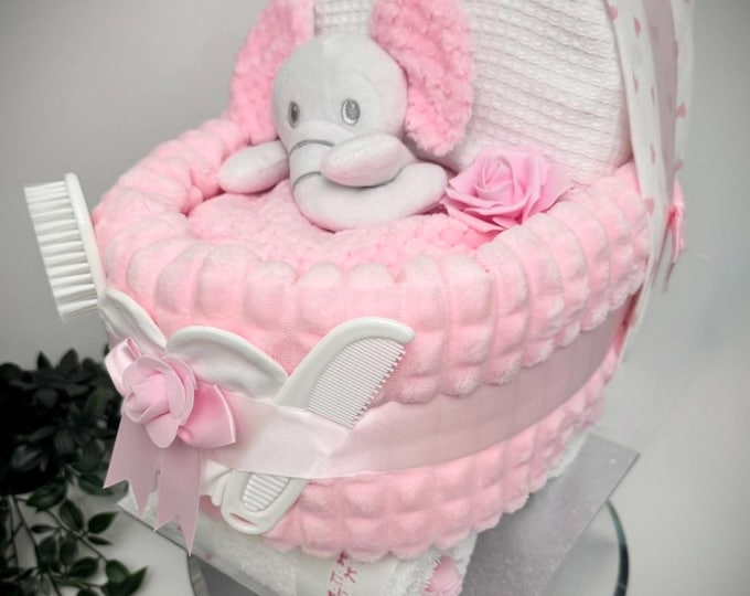 Baby Pink Nappy Cake Pram: Baby shower gift, newborn hamper