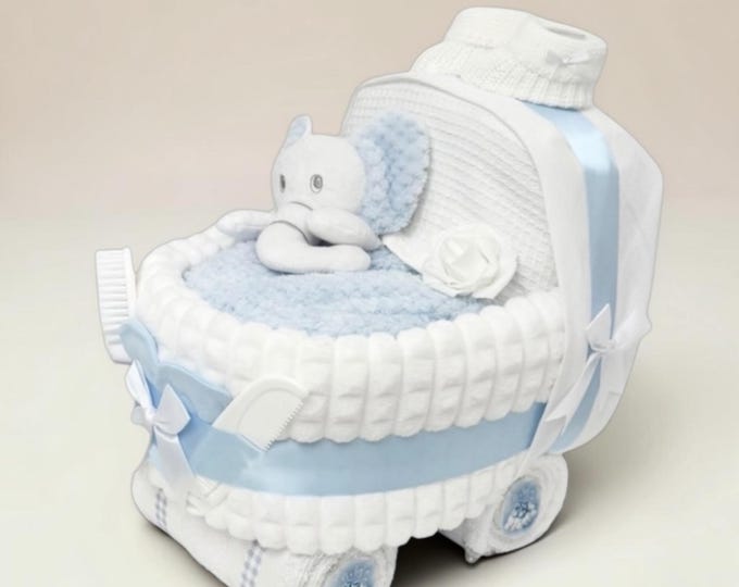 Blue and White Nappy Cake Pram: Baby Shower Gift Hamper