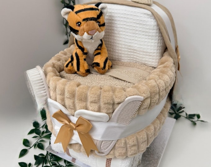Beige Nappy Cake Pram: Unisex Baby Shower Gift Hamper With Plush Tiger