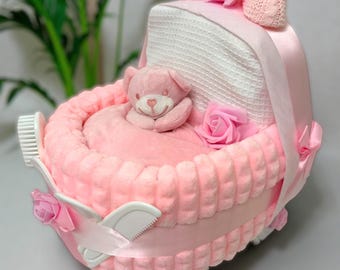 Baby Pink Nappy Cake Pram: Baby shower gift, newborn hamper