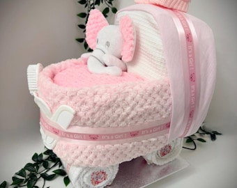Pink Nappy Cake Pram: Baby Girl Shower Gift Hamper