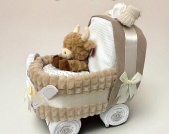 Luxury Beige Nappy Cake Pram: Personalised New Baby Shower or Maternity Leave Gift Hamper with Highland Cow